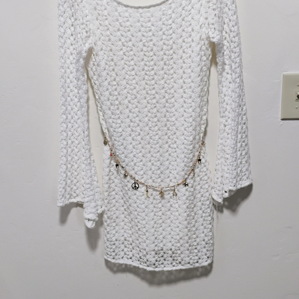 White Textured Knit Dress with Charm Belt